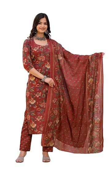 Cotton Blend Women Kurta Set (Red)