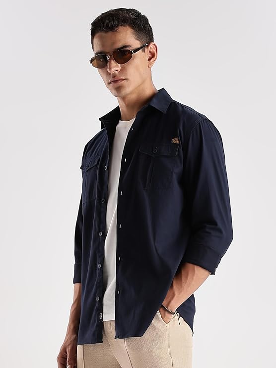 ADRO Cargo Shirt for Men with Double Pocket | 100% Cotton | Full Sleeve | Regular Fit - Jet Black