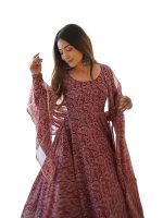 Women Floral Print Anarkali Kurta with Pant and Dupatta Set (MAROON)