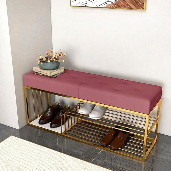 Skafa Metal End of Bed Bench-Upholstered Entry Shoe Storage with Nailhead Trim,Black Mental Frame Ottoman Bench for Bedroom Entry Window Mudroom Living Room (Pink)