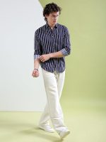 Men's Cotton Slim Fit Multi Striped Full Sleeves Cutaway Collar Casual Shirt