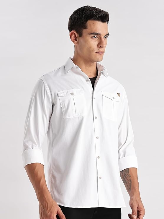 ADRO Cargo Shirt for Men with Double Pocket | 100% Cotton | Full Sleeve | Regular Fit - White