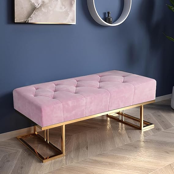 ObalTure Metal Entryway Bench For Bedroom Modern Ottoman End Of Bed Corduroy Padded Benches Decorative Home Furniture For Living Room Foyer Mudroom Hallway (Pink)