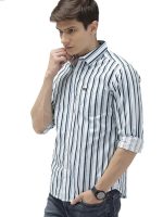 Men's Cotton Slim Fit Multi Striped Full Sleeves Cutaway Collar Casual Shirt - White