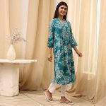Women Liva Straight Printed Kurta (Teal)