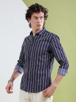 Men's Cotton Slim Fit Multi Striped Full Sleeves Cutaway Collar Casual Shirt
