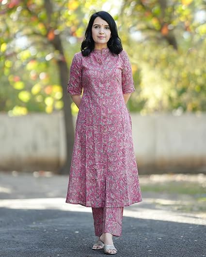Women's Cotton Blend Floral Kurta with Pant