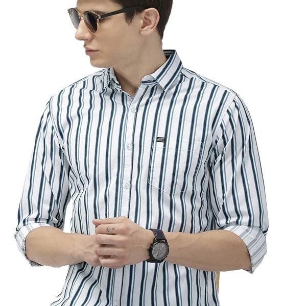 Men's Cotton Slim Fit Multi Striped Full Sleeves Cutaway Collar Casual Shirt - White