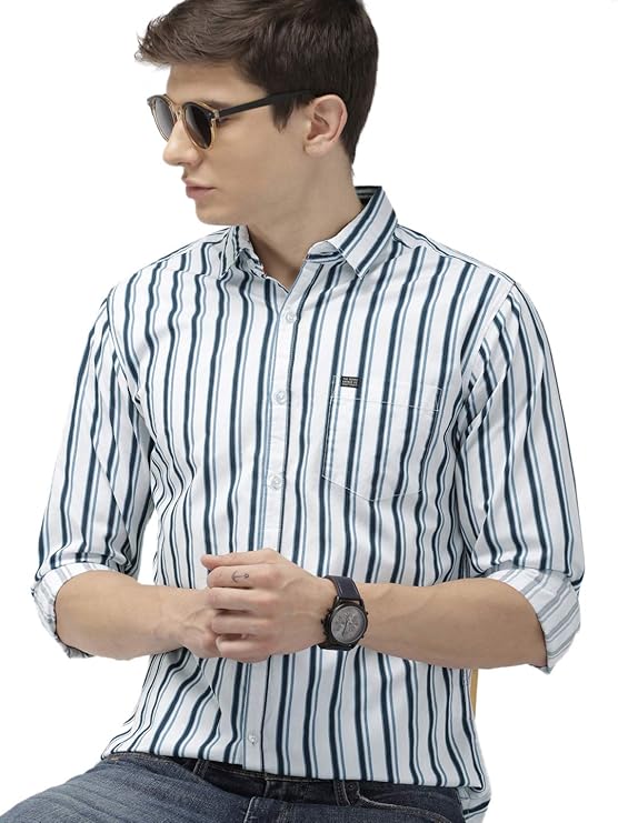 Men's Cotton Slim Fit Multi Striped Full Sleeves Cutaway Collar Casual Shirt - White