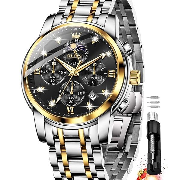 OLEVS Chronograph Watches for Men Original Analog Quartz Black Stainless Steel Chain Luxury Dual Time Zone Moon Phase Date Waterproof Men's Wrist Watch