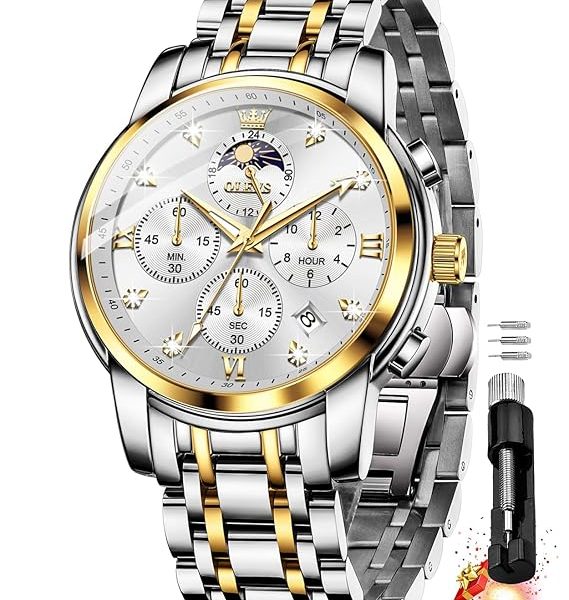 OLEVS Chronograph Watches for Men Original Analog Quartz Black Stainless Steel Chain Luxury Dual Time Zone Moon Phase Date Waterproof Men's Wrist Watch