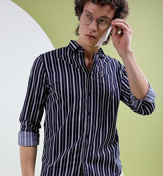 Men's Cotton Slim Fit Multi Striped Full Sleeves Cutaway Collar Casual Shirt
