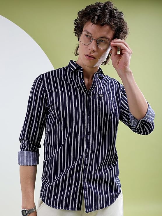 Men's Cotton Slim Fit Multi Striped Full Sleeves Cutaway Collar Casual Shirt