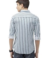 Men's Cotton Slim Fit Multi Striped Full Sleeves Cutaway Collar Casual Shirt - White