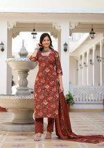 Cotton Blend Women Kurta Set (Red)