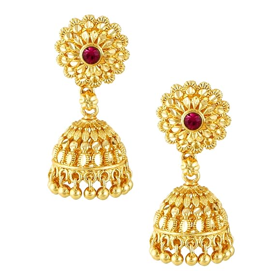 Traditional Temple Jewellery 18k One Gram Gold Ethnic Brass Stylish South Indian Screw Back Studs Round Ruby Jhumkas