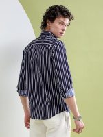 Men's Cotton Slim Fit Multi Striped Full Sleeves Cutaway Collar Casual Shirt