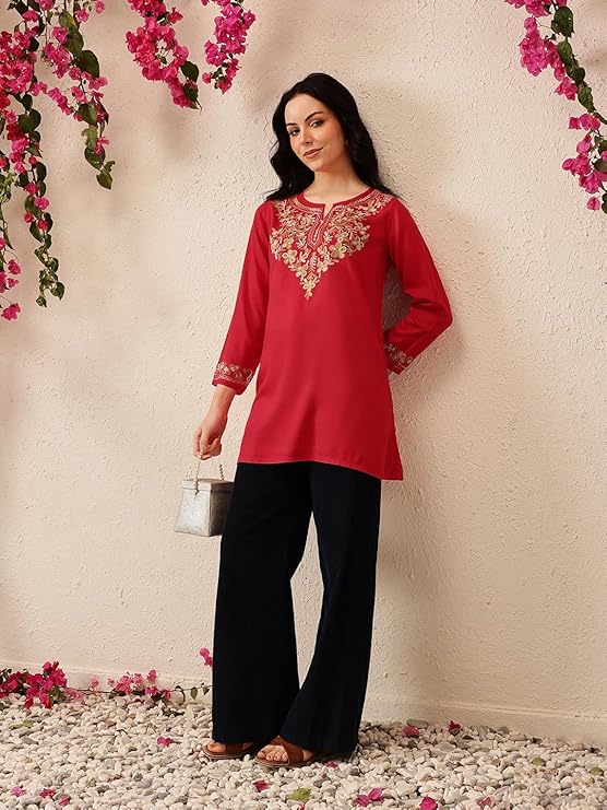 Women's Naila Kashmiri A-Line Short Kurti (red)