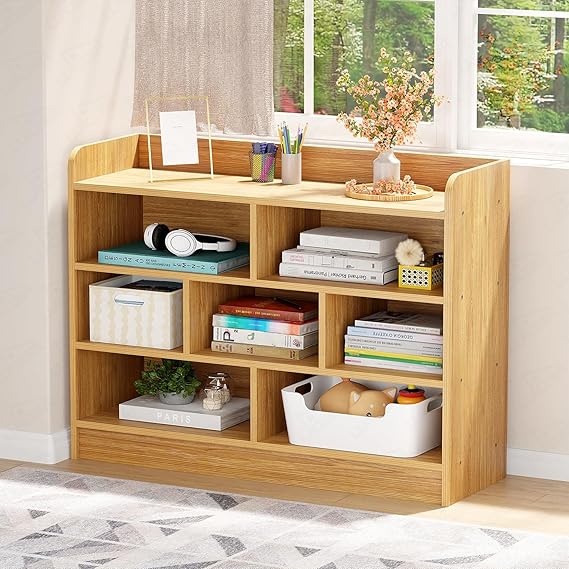 Lukzer Multipurpose 7-Section Storage Rack with 4 Shelves – Bookcase & Display Unit for Home & Workspaces (Light Oak / 96 x 90 x 24 cm/MR-012)