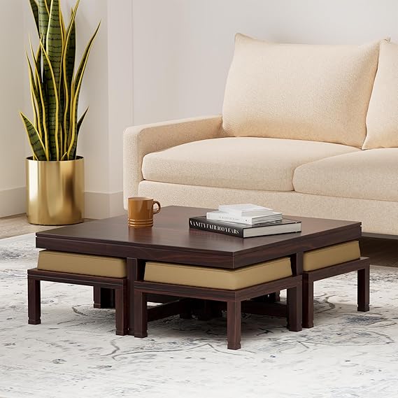 Amazon Brand - Solimo Acamar Solid Sheesham Wood Coffee Table with 4 Stools (Mahogany Finish)