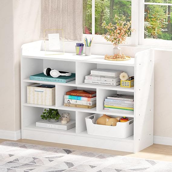 Lukzer Multipurpose 7-Section Storage Rack with 4 Shelves – Bookcase & Display Unit for Home & Workspaces (MR-008/White/70x23x93cm)