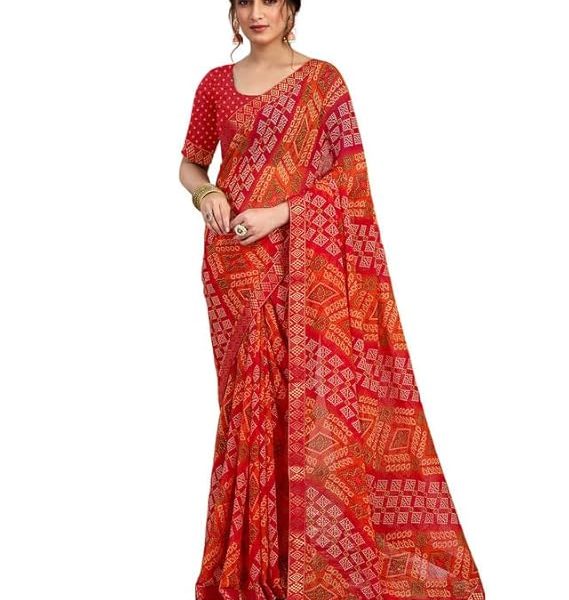Women's Chiffon Bandhani Printed Saree With Unstitched Blouse Piece