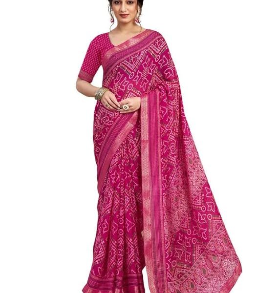 Women's Chiffon Bandhani Printed Saree With Unstitched Blouse Piece