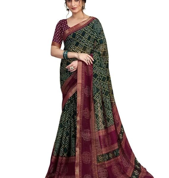 Women's Chiffon Bandhani Printed Saree With Unstitched Blouse Piece
