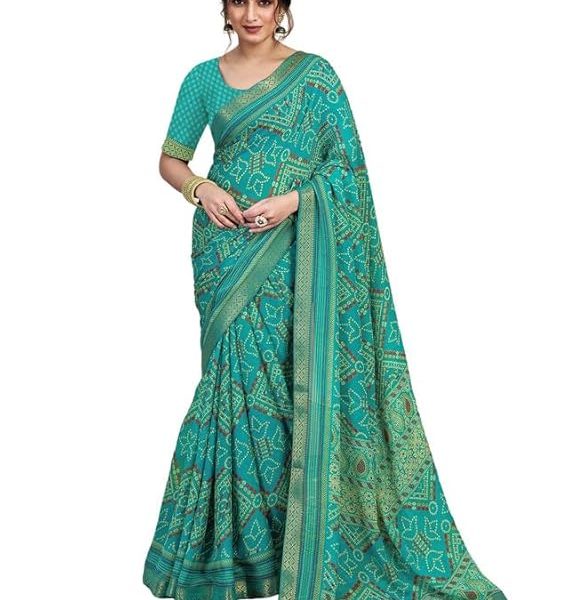 Women's Chiffon Bandhani Printed Saree With Unstitched Blouse Piece