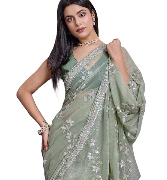 Women Simmer Chiffon Blue Floral Pattern Embroidery Work Saree with Unstitched Blouse - Elegant Design, Intricate Floral Embroidery, Lightweight, Perfect for Weddings, Parties