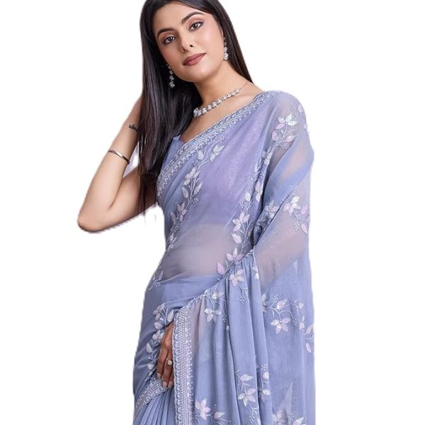 Women Simmer Chiffon Blue Floral Pattern Embroidery Work Saree with Unstitched Blouse - Elegant Design, Intricate Floral Embroidery, Lightweight, Perfect for Weddings, Parties