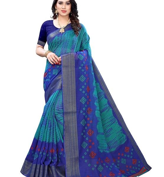 Women's Cotton Blend Printed Saree With Unstitched Blouse Piece