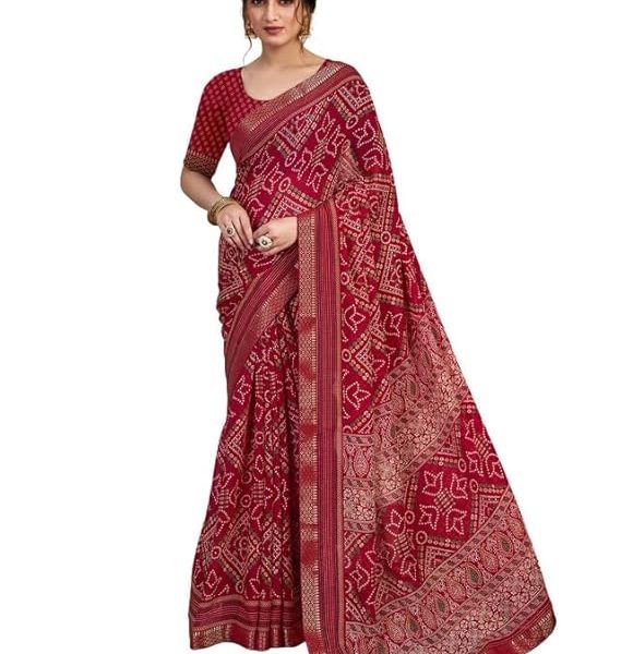 Women's Chiffon Bandhani Printed Saree With Unstitched Blouse Piece