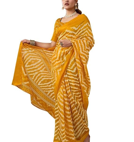 Women's Cotton Blend Printed Saree With Unstitched Blouse Piece