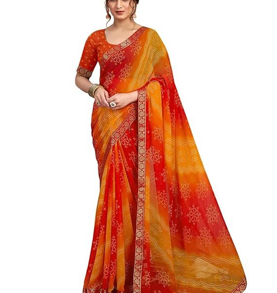 Women's Chiffon Bandhani Printed Saree With Unstitched Blouse Piece