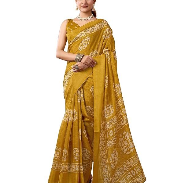 Women's Cotton Blend Printed Saree With Unstitched Blouse Piece