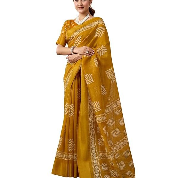 Women's Cotton Blend Printed Saree With Unstitched Blouse Piece