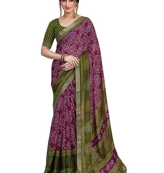 Women's Chiffon Bandhani Printed Saree With Unstitched Blouse Piece