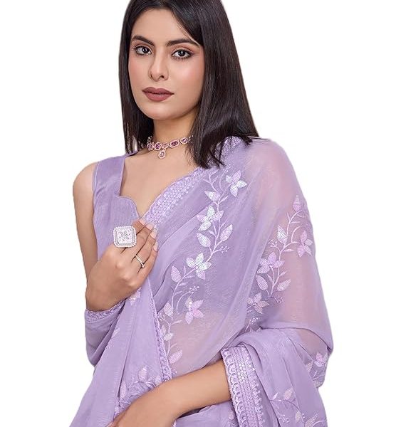 Women Simmer Chiffon Blue Floral Pattern Embroidery Work Saree with Unstitched Blouse - Elegant Design, Intricate Floral Embroidery, Lightweight, Perfect for Weddings, Parties