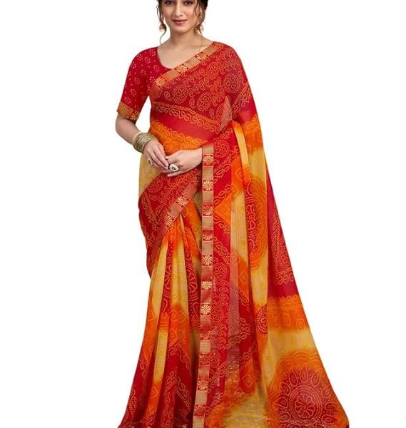 Women's Chiffon Bandhani Printed Saree With Unstitched Blouse Piece