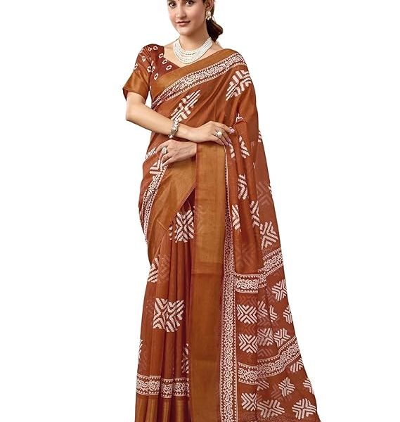 Women's Cotton Blend Printed Saree With Unstitched Blouse Piece