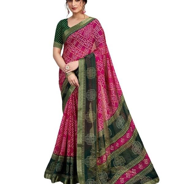 Women's Chiffon Bandhani Printed Saree With Unstitched Blouse Piece