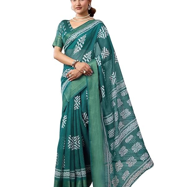 Women's Cotton Blend Printed Saree With Unstitched Blouse Piece