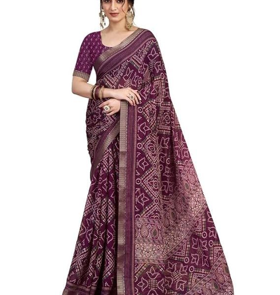 Women's Chiffon Bandhani Printed Saree With Unstitched Blouse Piece