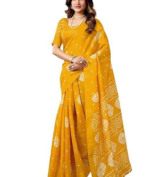 Women's Cotton Blend Printed Saree With Unstitched Blouse Piece