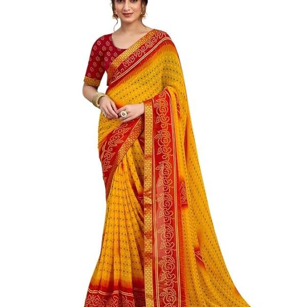 Women's Chiffon Bandhani Printed Saree With Unstitched Blouse Piece