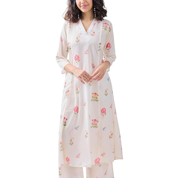 Floral Printed White Flared Kurta Set