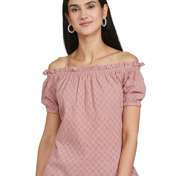 Women’s Pink Schiffli Off Shoulder Top