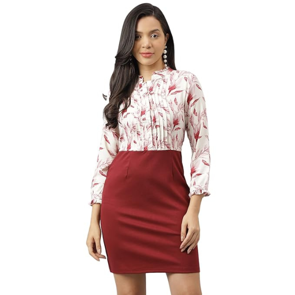Women Maroon Poet Sleeve With Collar Neck Sheath Dress
