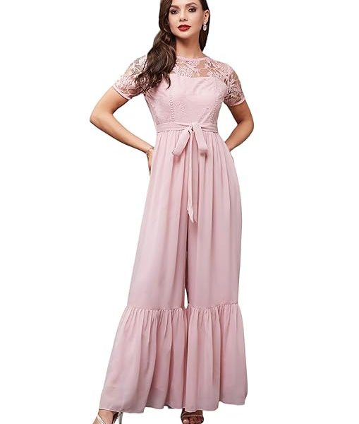 Round Neck Short Sleeve Solid Lace Overlaid Regular Jumpsuit with Pockets